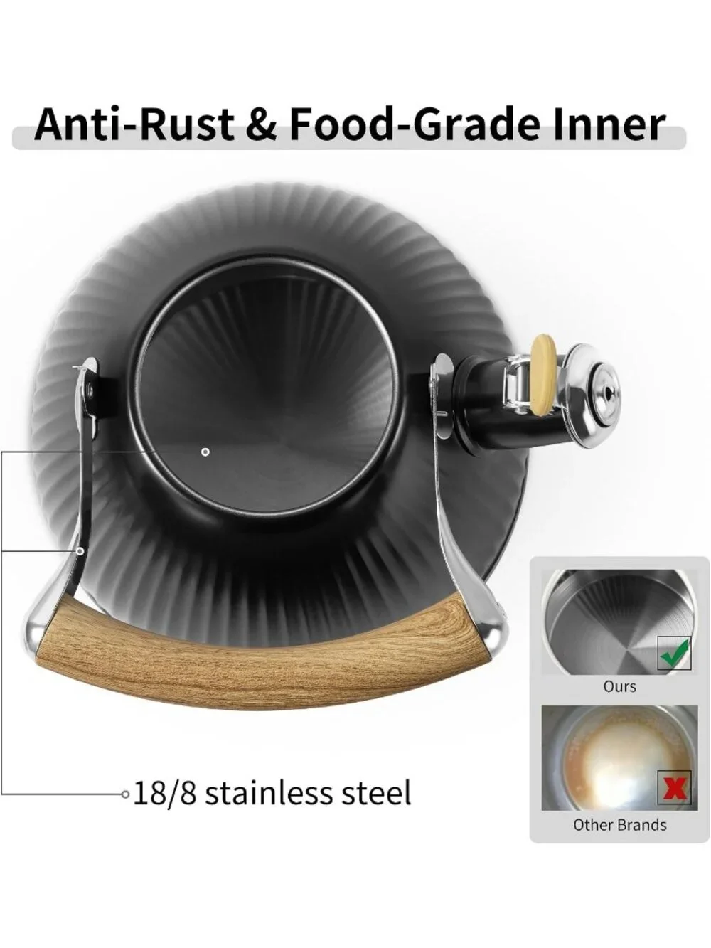 Black Stainless Steel Kitchen Whistling Tea Kettle 2.5 Quart Folding Wood Handle